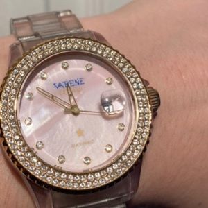 CLEAR WATCH W ROSE QUARTZ WATCH FACE & GOLD JEWELS